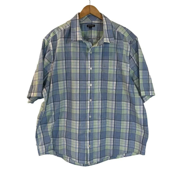 George Short Sleeve Button Up Collared Shirt 2XL Mint Green Light Blue Plaid Top - Picture 1 of 6